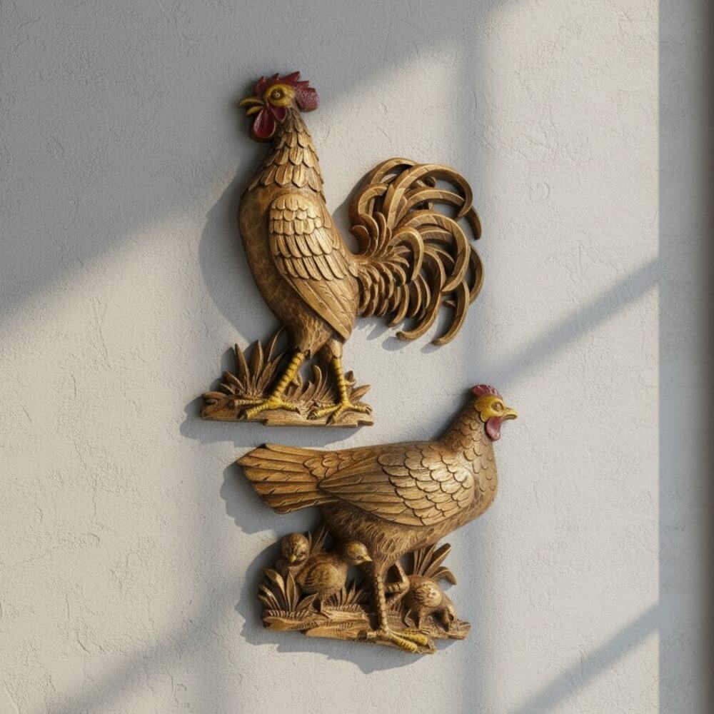 Vintage 1960s Syroco Rooster Hen Chicks Wall Plaques Set 2 MCM Farmhouse